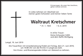 Traueranzeige von Waltraut Kretschmer von Giessener Allgemeine, Alsfelder Allgemeine