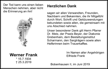 Traueranzeige von Werner Frank von Alsfelder Allgemeine