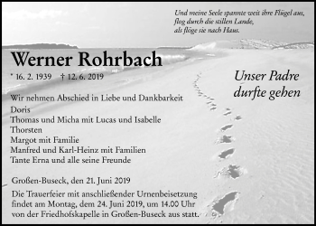 Traueranzeige von Werner Rohrbach von Giessener Allgemeine, Alsfelder Allgemeine