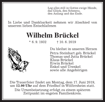 Traueranzeige von Wilhelm Brückel von Wetterauer Zeitung
