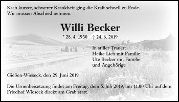 Traueranzeige von Willi Becker von Giessener Allgemeine, Alsfelder Allgemeine