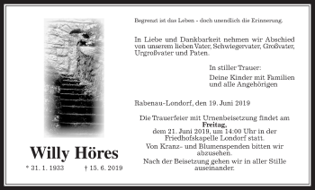 Traueranzeige von Willy Höres von Giessener Allgemeine, Alsfelder Allgemeine