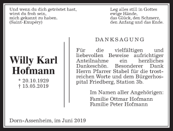 Traueranzeige von Willy Karl Hofmann von Wetterauer Zeitung