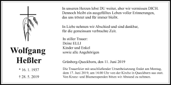 Traueranzeige von Wolfgang Heßler von Giessener Allgemeine, Alsfelder Allgemeine