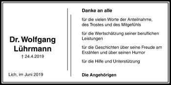 Traueranzeige von Wolfgang Lührmann von Licher Wochenblatt