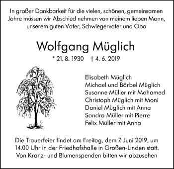 Traueranzeige von Wolfgang Müglich von Giessener Allgemeine, Alsfelder Allgemeine
