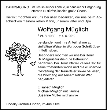 Traueranzeige von Wolfgang Müglich von Giessener Allgemeine, Alsfelder Allgemeine
