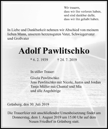 Traueranzeige von Adolf Pawlitschko von Giessener Allgemeine, Alsfelder Allgemeine
