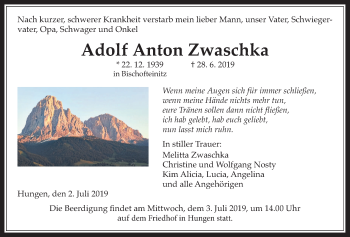 Traueranzeige von Adolf Anton Zwaschka von Giessener Allgemeine, Alsfelder Allgemeine