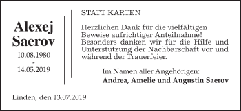 Traueranzeige von Alexej Saerov von Giessener Allgemeine, Alsfelder Allgemeine