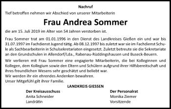 Traueranzeige von Andrea Sommer von Giessener Allgemeine, Alsfelder Allgemeine