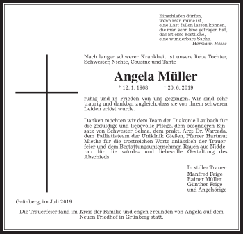 Traueranzeige von Angela Müller von Giessener Allgemeine, Alsfelder Allgemeine