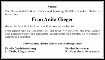 Traueranzeige von Anita Gieger von Giessener Allgemeine, Alsfelder Allgemeine
