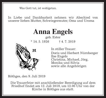 Traueranzeige von Anna Engels von Giessener Allgemeine, Alsfelder Allgemeine