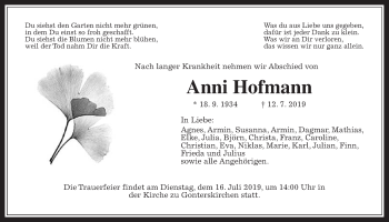 Traueranzeige von Anni Hofmann von Giessener Allgemeine, Alsfelder Allgemeine