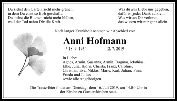 Traueranzeige von Anni Hofmann von Giessener Allgemeine, Alsfelder Allgemeine