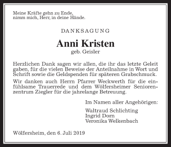 Traueranzeige von Anni Kristen von Wetterauer Zeitung