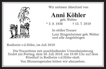 Traueranzeige von Anni Köhler von Wetterauer Zeitung