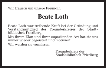 Traueranzeige von Beate Loth von Wetterauer Zeitung