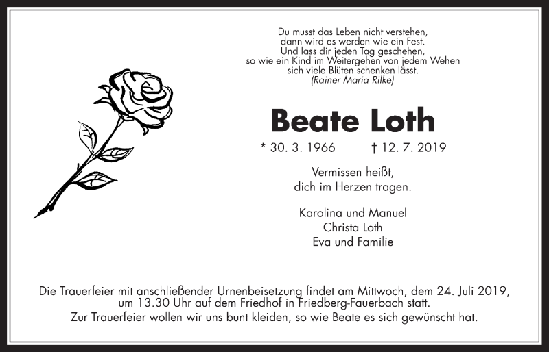  Traueranzeige für Beate Loth vom 20.07.2019 aus Wetterauer Zeitung