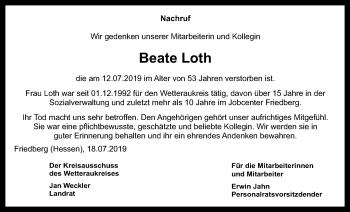 Traueranzeige von Beate Loth von Wetterauer Zeitung