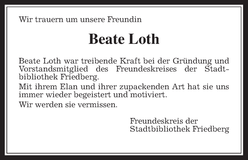  Traueranzeige für Beate Loth vom 20.07.2019 aus Wetterauer Zeitung