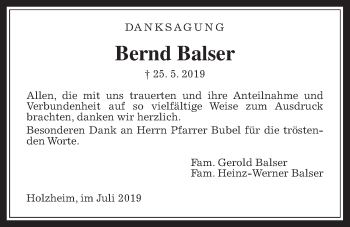 Traueranzeige von Bernd Balser von Pohlheimer Nachrichten