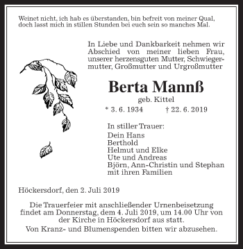 Traueranzeige von Berta Mannß von Alsfelder Allgemeine