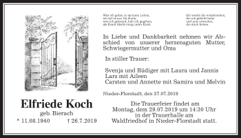 Traueranzeige von Elfriede Koch von Wetterauer Zeitung