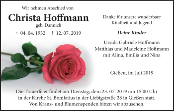Traueranzeige von Christa Hoffmann von Giessener Allgemeine, Alsfelder Allgemeine