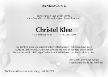 Traueranzeige von Christel Klee von Giessener Allgemeine, Alsfelder Allgemeine