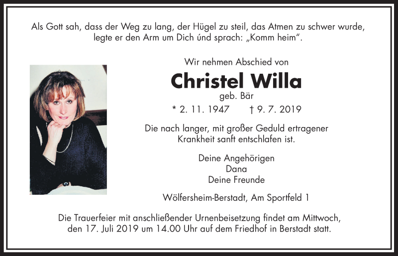  Traueranzeige für Christel Willa vom 13.07.2019 aus Wetterauer Zeitung