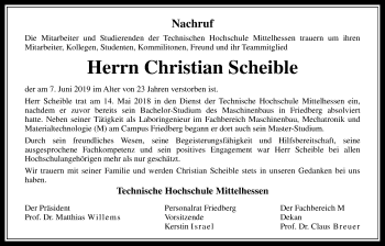 Traueranzeige von Christian Scheible von Giessener Allgemeine, Alsfelder Allgemeine, Wetterauer Zeitung