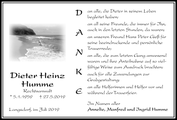 Traueranzeige von Dieter Heinz Humme von Licher Wochenblatt