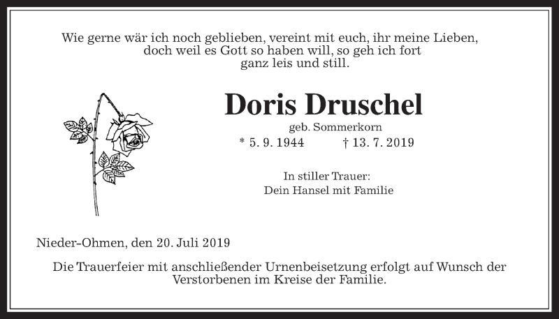  Traueranzeige für Doris Druschel vom 20.07.2019 aus Giessener Allgemeine, Alsfelder Allgemeine