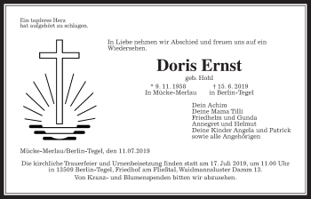 Traueranzeige von Doris Ernst von Alsfelder Allgemeine, Mücker Stimme