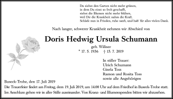 Traueranzeige von Doris Hedwig Ursula Schumann von Giessener Allgemeine, Alsfelder Allgemeine