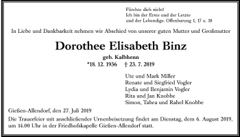 Traueranzeige von Dorothee Elisabeth Binz von Giessener Allgemeine, Alsfelder Allgemeine
