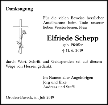 Traueranzeige von Elfriede Schepp von Giessener Allgemeine, Alsfelder Allgemeine