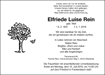 Traueranzeige von Elfriede Luise Rein von Giessener Allgemeine, Alsfelder Allgemeine