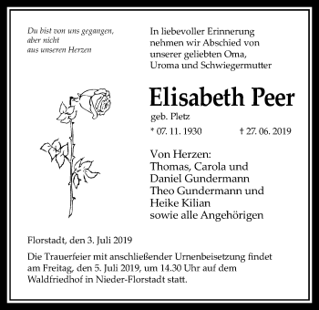 Traueranzeige von Elisabeth Peer von Wetterauer Zeitung