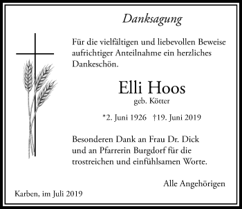 Traueranzeige von Elli Hoos von Bad Vilbel/Karben