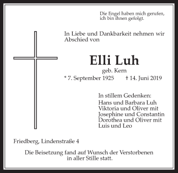 Traueranzeige von Elli Luh von Wetterauer Zeitung