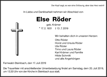 Traueranzeige von Else Röder von Giessener Allgemeine, Alsfelder Allgemeine