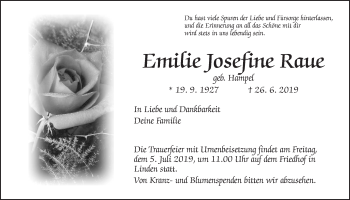 Traueranzeige von Emilie Josefine Raue von Giessener Allgemeine, Alsfelder Allgemeine