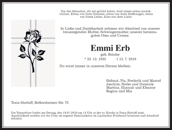 Traueranzeige von Emmi Erb von Giessener Allgemeine, Alsfelder Allgemeine