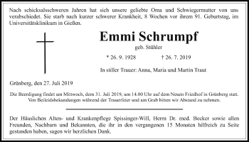 Traueranzeige von Emmi Schrumpf von Giessener Allgemeine, Alsfelder Allgemeine
