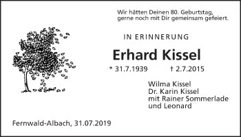 Traueranzeige von Erhard Kissel von Giessener Allgemeine, Alsfelder Allgemeine