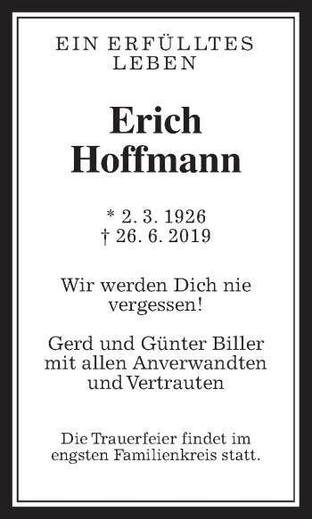 Traueranzeige von Erich Hoffmann von Giessener Allgemeine, Alsfelder Allgemeine
