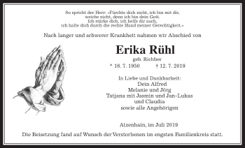 Traueranzeige von Erika Rühl von Giessener Allgemeine, Alsfelder Allgemeine